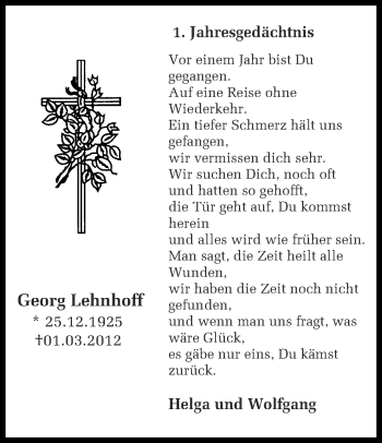 Traueranzeige von Georg Lehnhoff von Ruhr Nachrichten