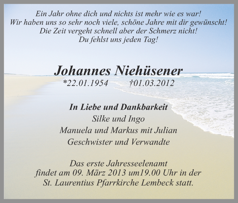  Traueranzeige für Johannes Niehüsener vom 02.03.2013 aus Ruhr Nachrichten und Dorstener Zeitung