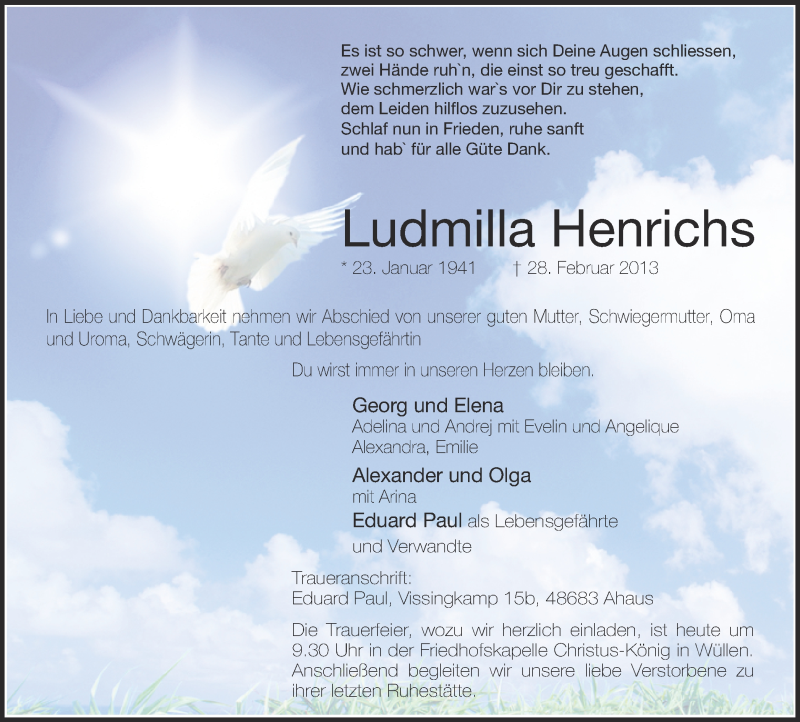  Traueranzeige für Ludmilla Henrichs vom 02.03.2013 aus Münstersche Zeitung und Münsterland Zeitung