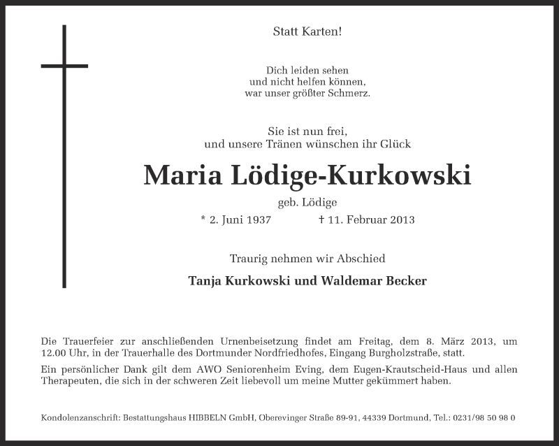  Traueranzeige für Maria Lödige-Kurkowski vom 02.03.2013 aus Ruhr Nachrichten