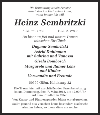 Traueranzeige von Heinz Sembritzki von Ruhr Nachrichten