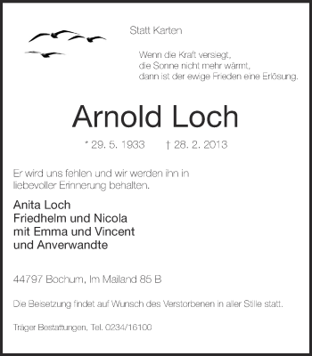 Traueranzeige von Arnold Loch von Ruhr Nachrichten