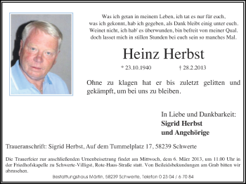 Traueranzeige von Heinz Herbst von Ruhr Nachrichten