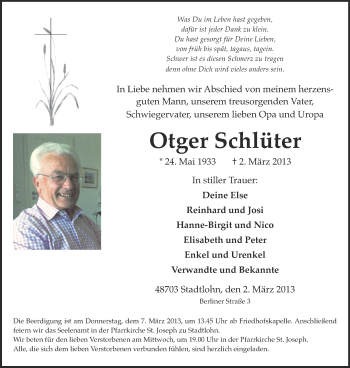 Traueranzeige von Otger Schlüter von Münstersche Zeitung und Münsterland Zeitung