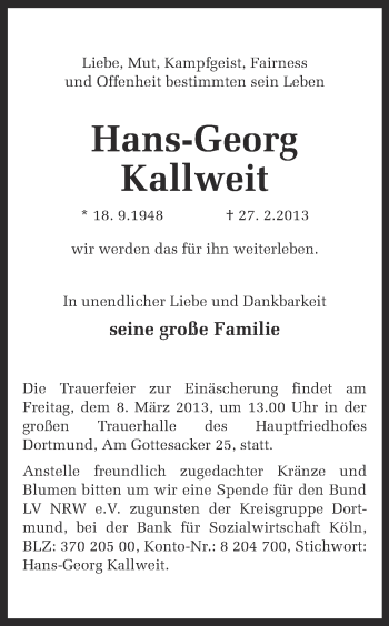 Traueranzeige von Hans-Georg Kallweit von Ruhr Nachrichten
