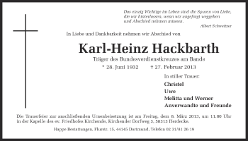 Traueranzeige von Karl-Heinz Hackbarth von Ruhr Nachrichten