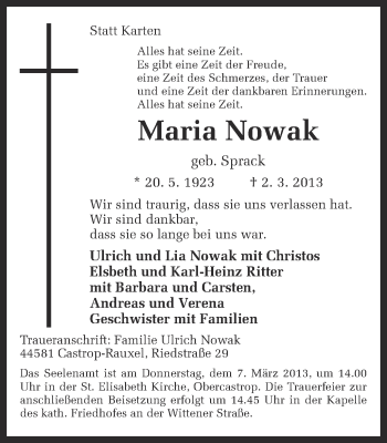 Traueranzeige von Maria Nowak von Ruhr Nachrichten