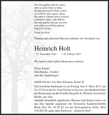 Traueranzeige von Heinrich Holt von Münstersche Zeitung und Grevener Zeitung