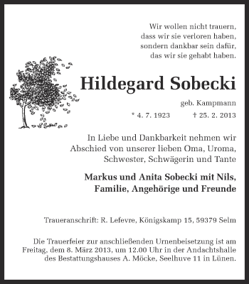 Traueranzeige von Hildegard Sobecki von Ruhr Nachrichten