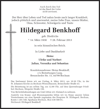 Traueranzeige von Hildegard Benkhoff von Ruhr Nachrichten