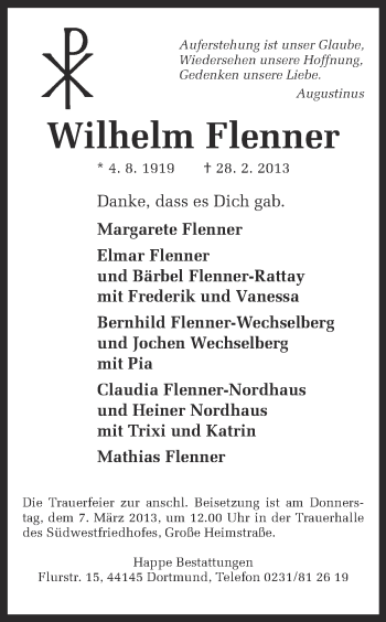 Traueranzeige von Wilhelm Flenner von Ruhr Nachrichten