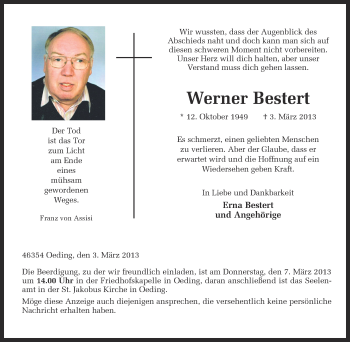 Traueranzeige von Werner Bestert von Münstersche Zeitung und Münsterland Zeitung