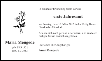 Traueranzeige von Maria Mengede 