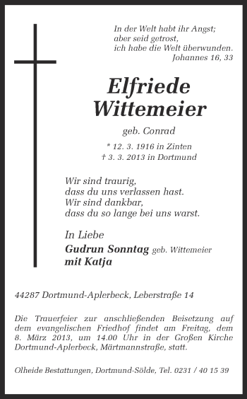 Traueranzeige von Elfriede Wittemeier von Ruhr Nachrichten