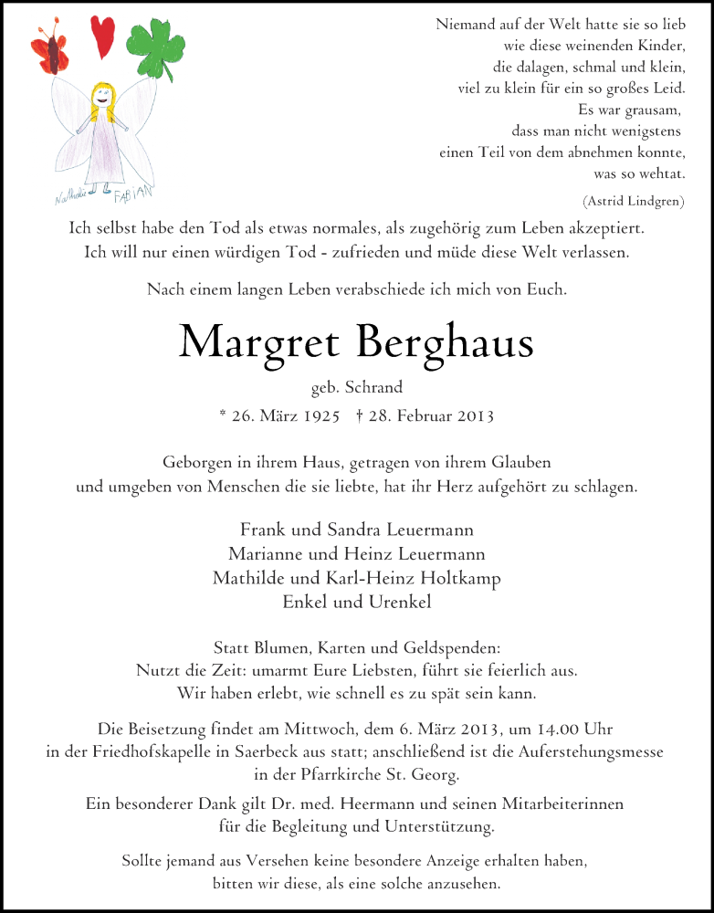  Traueranzeige für Margret Berghaus vom 05.03.2013 aus Münstersche Zeitung und Grevener Zeitung