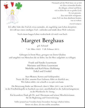 Traueranzeige von Margret Berghaus von Münstersche Zeitung und Grevener Zeitung