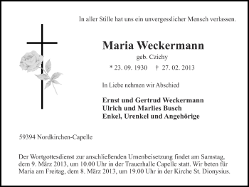 Traueranzeige von Maria Weckermann von Ruhr Nachrichten