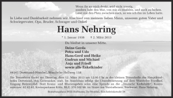 Traueranzeige von Hans Nehring von Ruhr Nachrichten