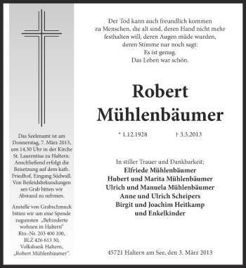 Traueranzeige von Robert Mühlenbäumer von Ruhr Nachrichten und Halterner Zeitung