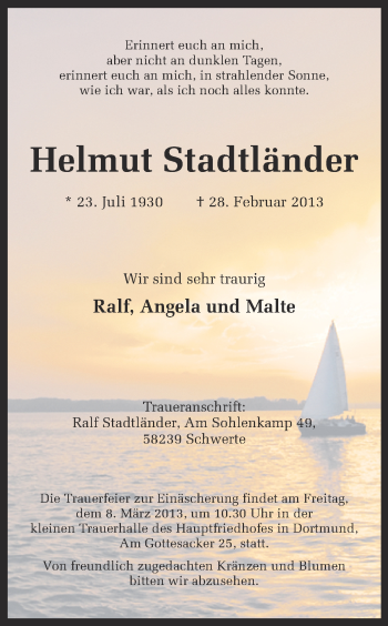 Traueranzeige von Helmut Stadtländer von Ruhr Nachrichten