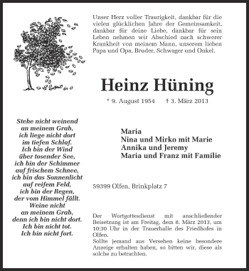 Traueranzeige von Heinz Hüning von Ruhr Nachrichten