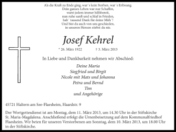 Traueranzeige von Josef Kehrel von Ruhr Nachrichten und Halterner Zeitung