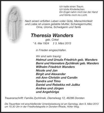 Traueranzeige von Theresia Wanders von Ruhr Nachrichten und Dorstener Zeitung