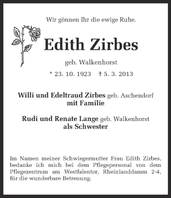Traueranzeige von Edith Zirbes von Ruhr Nachrichten