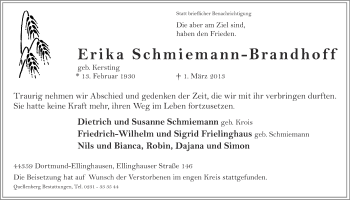 Traueranzeige von Erika Schmiemann-Brandhoff von Ruhr Nachrichten