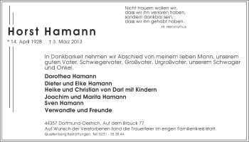 Traueranzeige von Horst Hamann von Ruhr Nachrichten