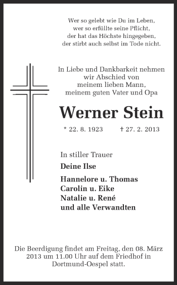 Traueranzeige von Werner Stein von Ruhr Nachrichten