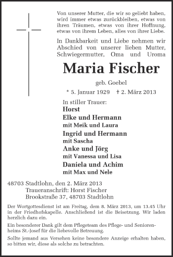 Traueranzeige von Maria Fischer von Münstersche Zeitung und Münsterland Zeitung