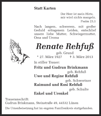 Traueranzeige von Renate Rehfuss von Ruhr Nachrichten