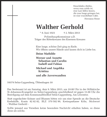 Traueranzeige von Gerhold Walther von Ruhr Nachrichten