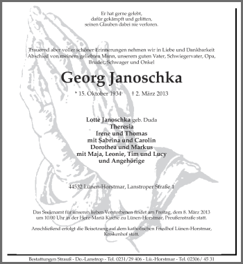 Traueranzeige von Georg Janoschka von Ruhr Nachrichten