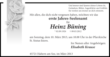 Traueranzeige von Heinz Büning von Ruhr Nachrichten und Halterner Zeitung