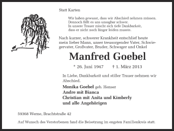 Traueranzeige von Manfred Goebel von Ruhr Nachrichten