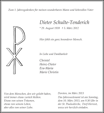 Traueranzeige von Dieter Schulte-Tendrich von Ruhr Nachrichten und Dorstener Zeitung