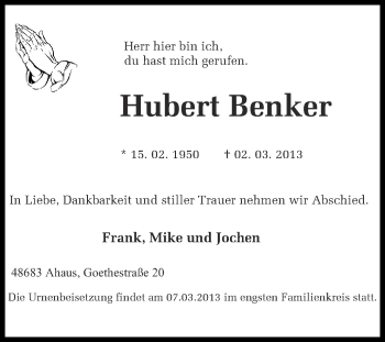 Traueranzeige von Hubert Benker von Münstersche Zeitung und Münsterland Zeitung