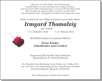 Traueranzeige von Irmgard Thomalzig von Ruhr Nachrichten