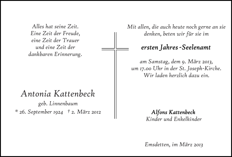  Traueranzeige für Antonia Kattenbeck vom 06.03.2013 aus 