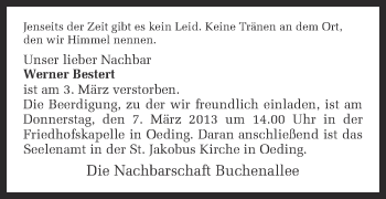 Traueranzeige von Werner Bestert von Münstersche Zeitung und Münsterland Zeitung