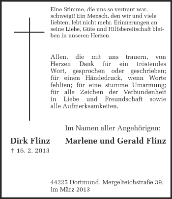 Traueranzeige von Dirk Flinz von Ruhr Nachrichten