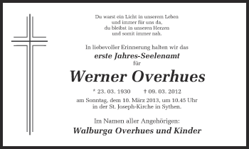 Traueranzeige von Werner Overhues von Ruhr Nachrichten und Halterner Zeitung