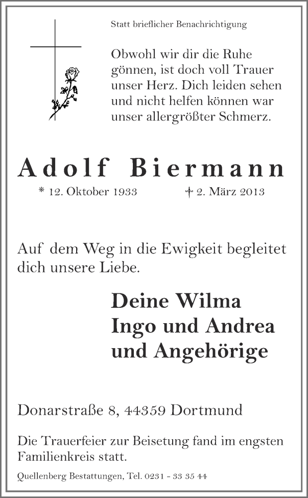  Traueranzeige für Adolf Biermann vom 12.03.2013 aus Ruhr Nachrichten