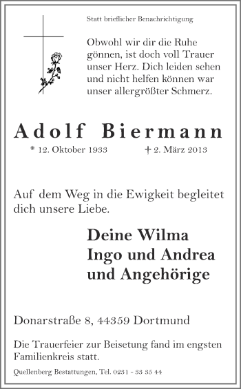 Traueranzeige von Adolf Biermann von Ruhr Nachrichten