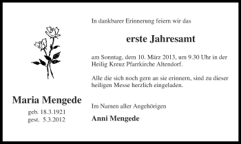 Traueranzeige von Maria Mengede 