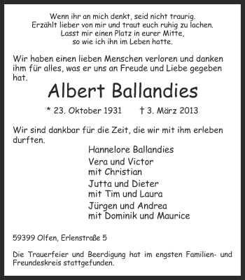 Traueranzeige von Albert Ballandies von Ruhr Nachrichten
