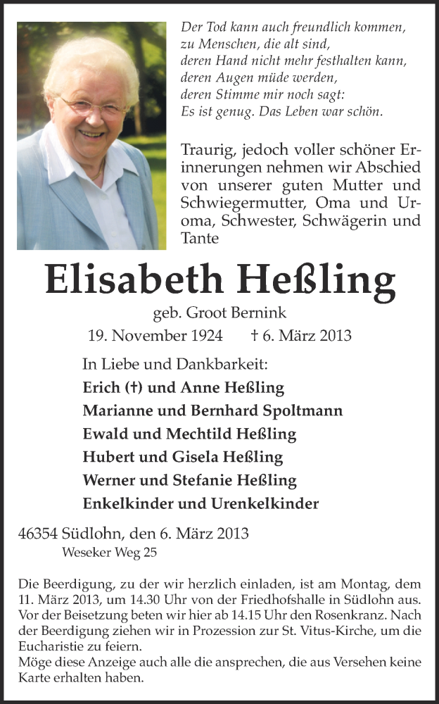  Traueranzeige für Elisabeth Heßling vom 07.03.2013 aus Münstersche Zeitung und Münsterland Zeitung