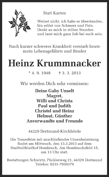 Traueranzeige von Heinz Krummnacker von Ruhr Nachrichten